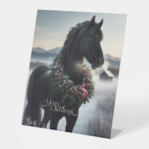 Black horse in the snow with Christmas wreath  Pedestal Sign