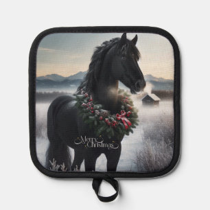 Black horse in the snow with Christmas wreath Pot Holder