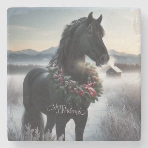 Black horse in the snow with Christmas wreath Stone Coaster
