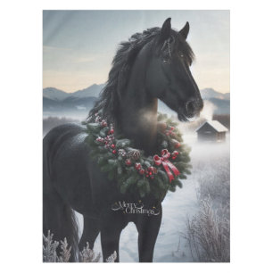 Black horse in the snow with Christmas wreath Tablecloth