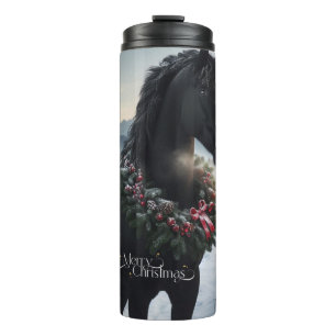 Black horse in the snow with Christmas wreath  Thermal Tumbler