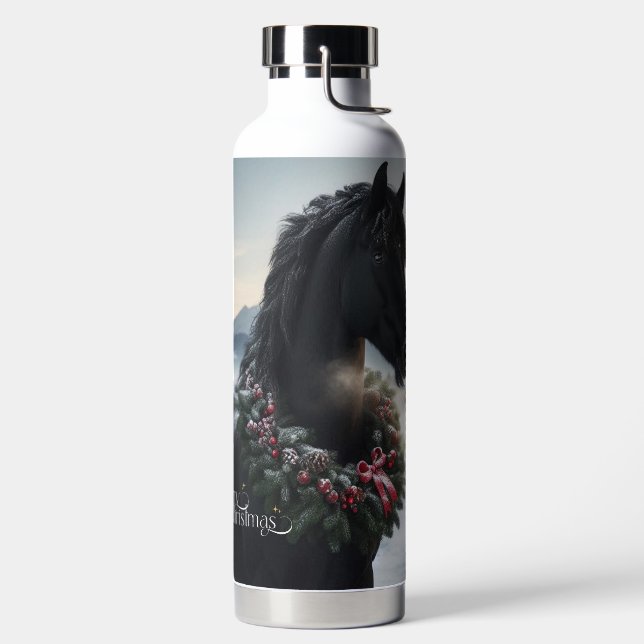 Black horse in the snow with Christmas wreath  Water Bottle (Left)