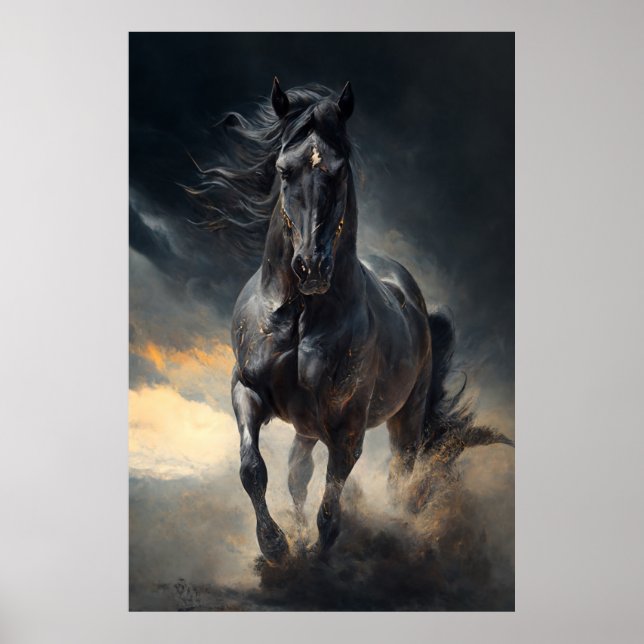 Black Horse in the storm Painting Poster (Front)