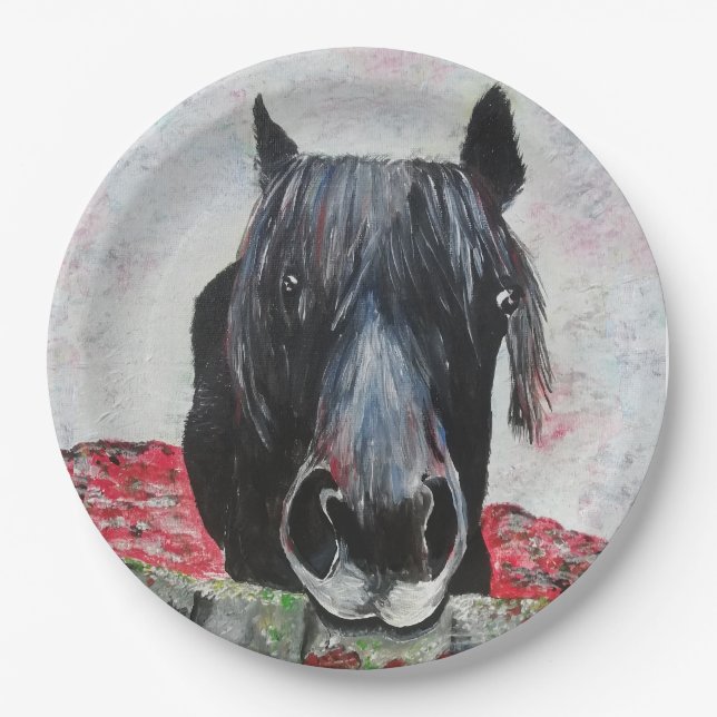 Black Horse Lover Birthday Party Elegant Watercolo Paper Plate (Front)