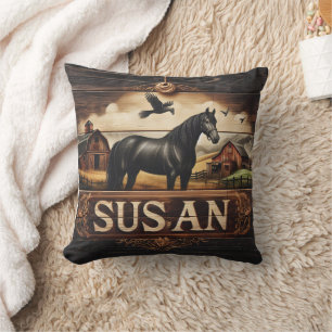 Black Horse Near Barns and Flying Birds Cushion