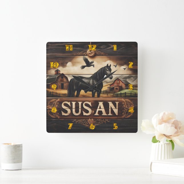 Black Horse Near Barns and Flying Birds Square Wall Clock (Home)