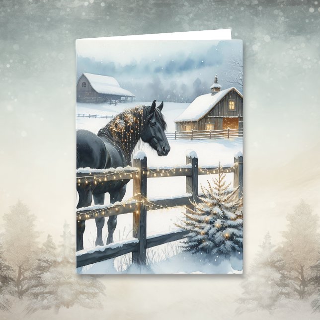 Black Horse on a Christmas Farm Personalised Card (Creator Uploaded)