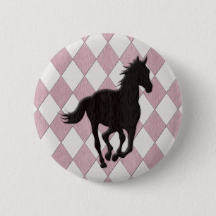 Black Horse on Pink White Diamond Pattern 6 Cm Round Badge