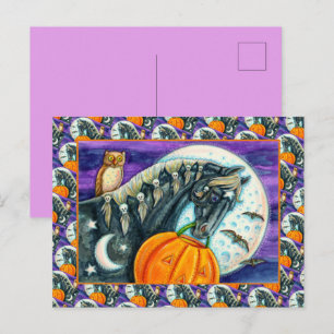 BLACK HORSE, OWL, JACK O LANTERN SKULLS HALLOWEEN HOLIDAY POSTCARD