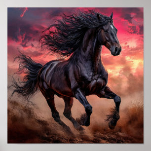 🐎 Black Horse Pink Sky Aesthetic Dream Landscape  Poster