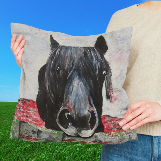 Black Horse Portrait with Red Flowers Cushion (Creator Uploaded)