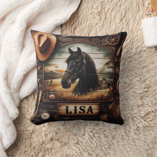 Black Horse Portrait With Western Decor Elements Cushion