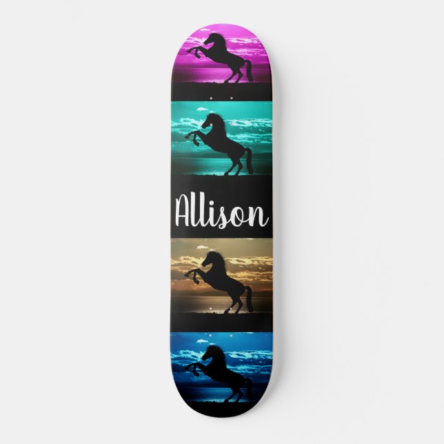 Black Horse Purple, Blue, Teal, Golden Sky & Water Skateboard (Front)