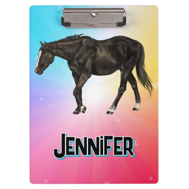 Black Horse Rainbow Pastel Whimsical Equestrian Clipboard (Front)