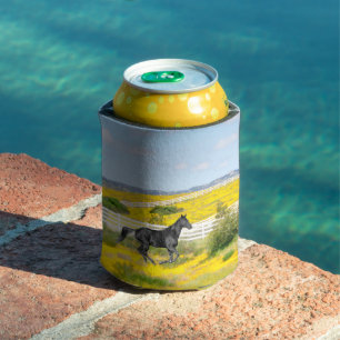 Black Horse Running in Field of Flowers Can Cooler