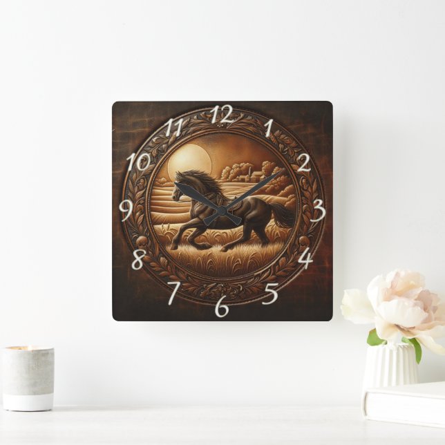 Black Horse Running Through Fields at Sunset Square Wall Clock (Home)
