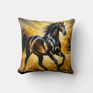 Black Horse Running Through Water in Golden Sunset Cushion