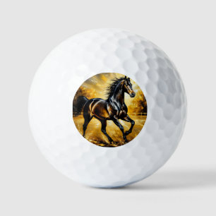 Black Horse Running Through Water in Golden Sunset Golf Balls