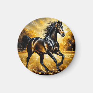 Black Horse Running Through Water in Golden Sunset Magnet