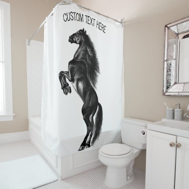 Black Horse Shower Curtain with Custom Text (In Situ)