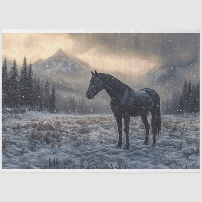 Black Horse Snowy Landscape Scenic Decoupage Tissue Paper (Front)