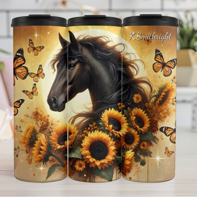 Black Horse Sunflower Butterfly Golden Glow Thermal Tumbler (Creator Uploaded)