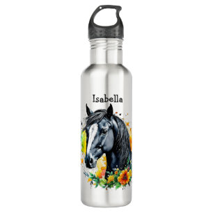 Black Horse Surrounded by Flowers Personalised  710 Ml Water Bottle