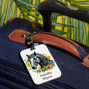 Black Horse Surrounded by Flowers Personalised Luggage Tag