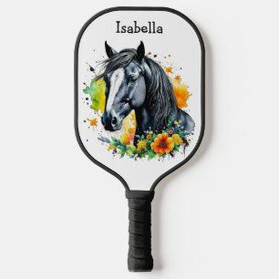 Black Horse Surrounded by Flowers Personalised Pickleball Paddle