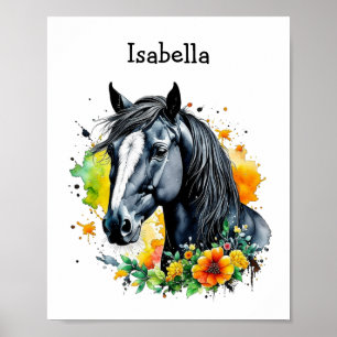 Black Horse Surrounded by Flowers Personalized  Poster