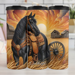 Black Horse Wheat Field Sunset Thermal Tumbler