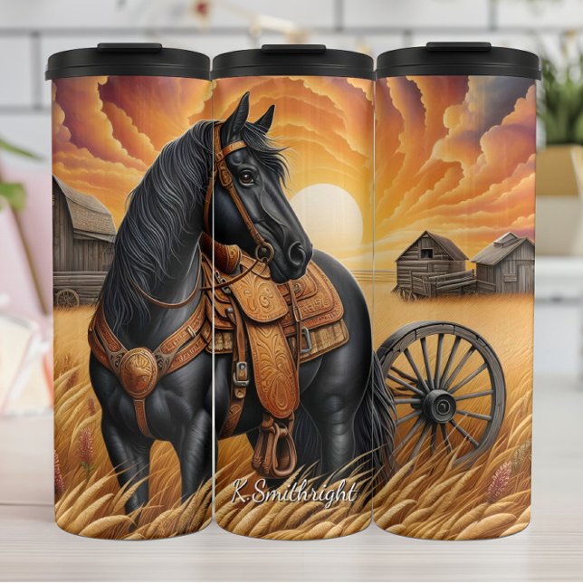 Black Horse Wheat Field Sunset Thermal Tumbler (Creator Uploaded)