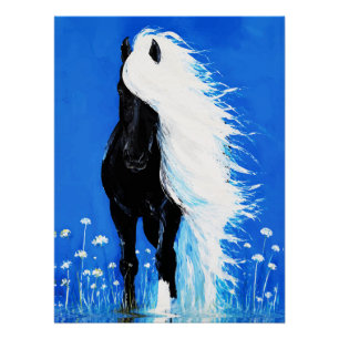 Black Horse White Mane Walking on Water Poster