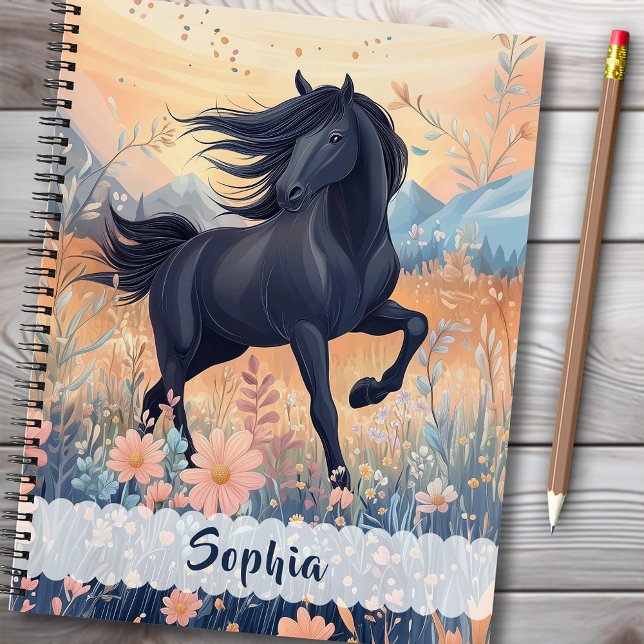 Black Horse Wildflower Girls Floral Blue Pink Kids Notebook (Black Horse Wildflower Meadow Floral Blue Pink Notebook - Personalize the name and the back message.)