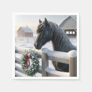Black Horse With a Snowy Christmas Wreath Napkin