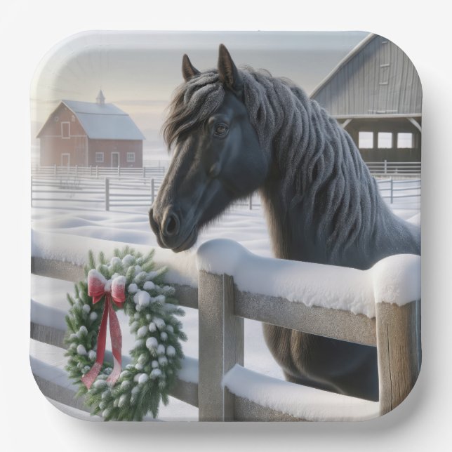 Black Horse With a Snowy Christmas Wreath Paper Plate (Front)