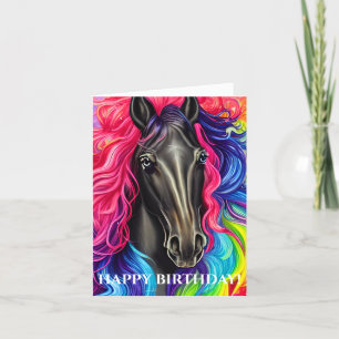 Black Horse with Colourful Mane Birthday Holiday Card