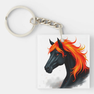 Black Horse With Fiery Red Mane Key Ring
