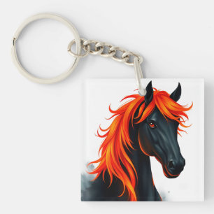 Black Horse With Fiery Red Mane Key Ring