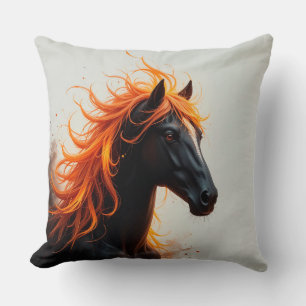 Black Horse with Flowing Fiery Orange Mane Cushion