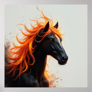 Black Horse with Flowing Fiery Orange Mane Poster