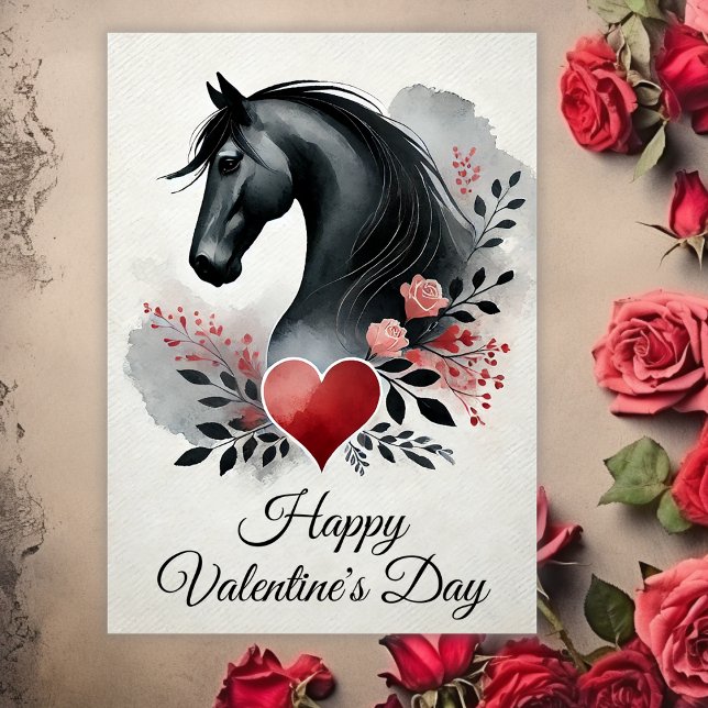 Black Horse with Heart and Flowers Valentine's Day Holiday Card (Front - Black Horse with Heart and Flowers Valentine's Day Holiday Card)