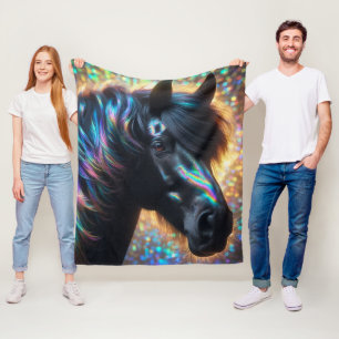 Black Horse with Iridescent Mane Fleece Blanket