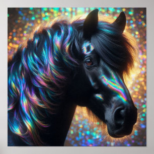 Black Horse with Iridescent Mane Poster