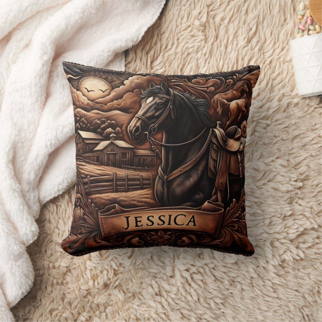 Black Horse With Saddle Near Barn at Rodeo Cushion (Blanket)