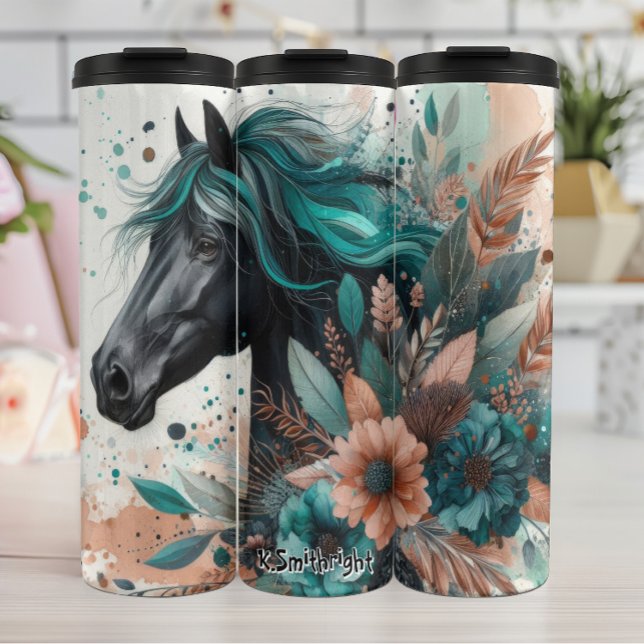 Black Horse with Teal Mane Flowers Thermal Tumbler (Creator Uploaded)