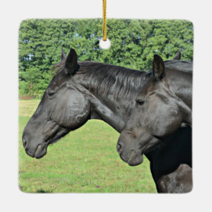 Black Horses in Peaceful Meadow Ceramic Ornament