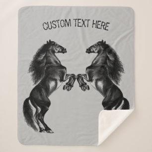 Black Horses Sherpa Blanket with Custom Text