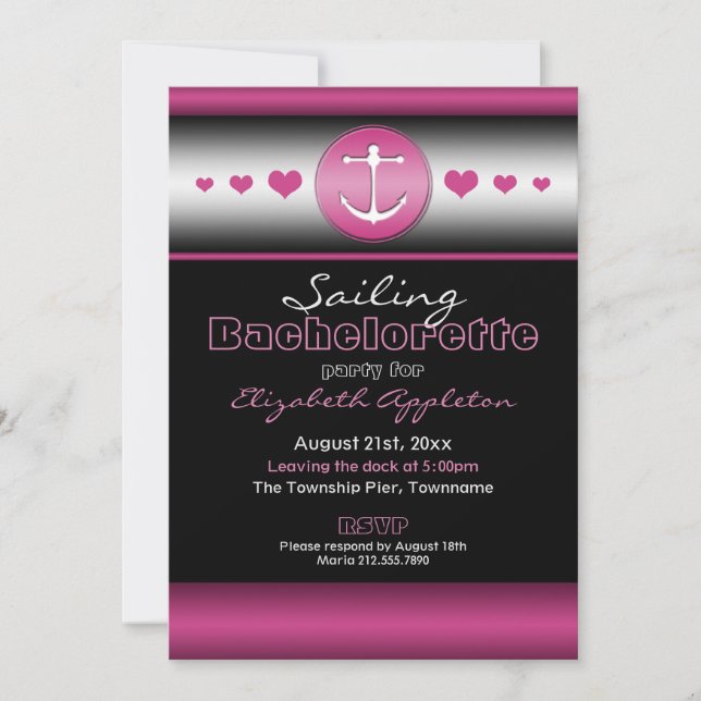Black & Hot Fuchsia Nautical Bachelorette Party Invitation (Front)