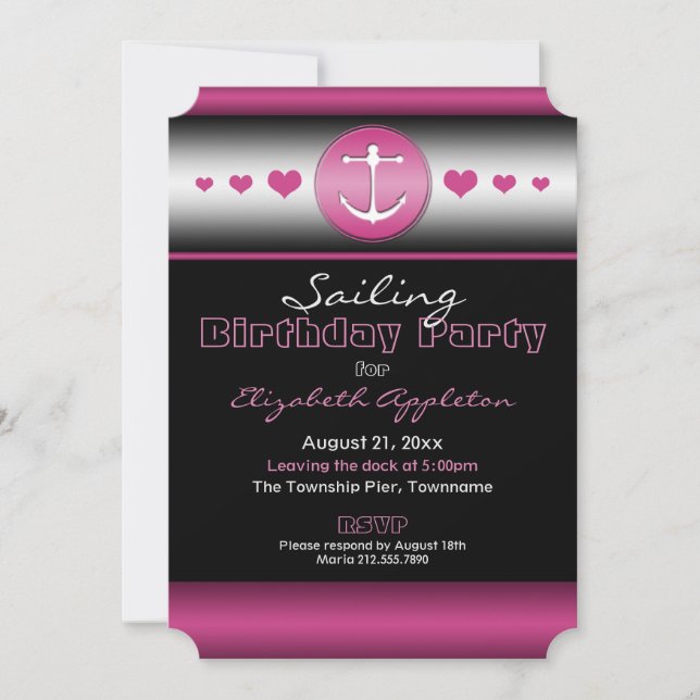 Black & Hot Fuchsia Ticket Nautical Birthday Party Invitation (Front)